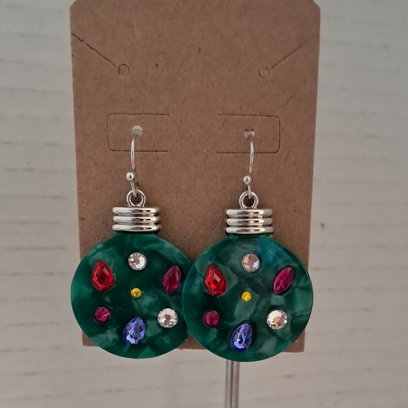 Green Acrylic Dangle Multi Color Christmas Ball Earrings - Picture 2 of 2